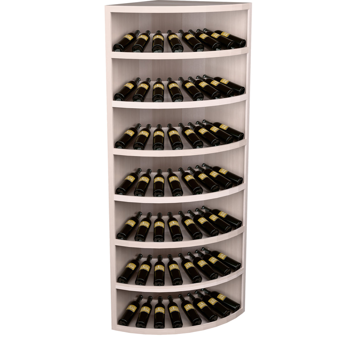 7-tier wine bottle display rack, light wood with dark bottles on curved shelves