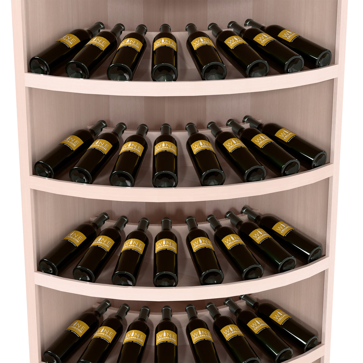 7-tier wine bottle display rack, light wood with dark wine bottles on curved tiers