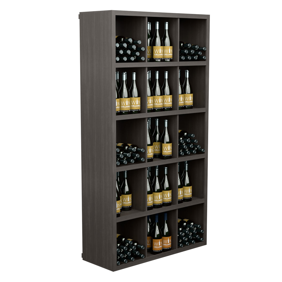 Gray wine bottle storage shelf with open cubbies holding rows of bottles