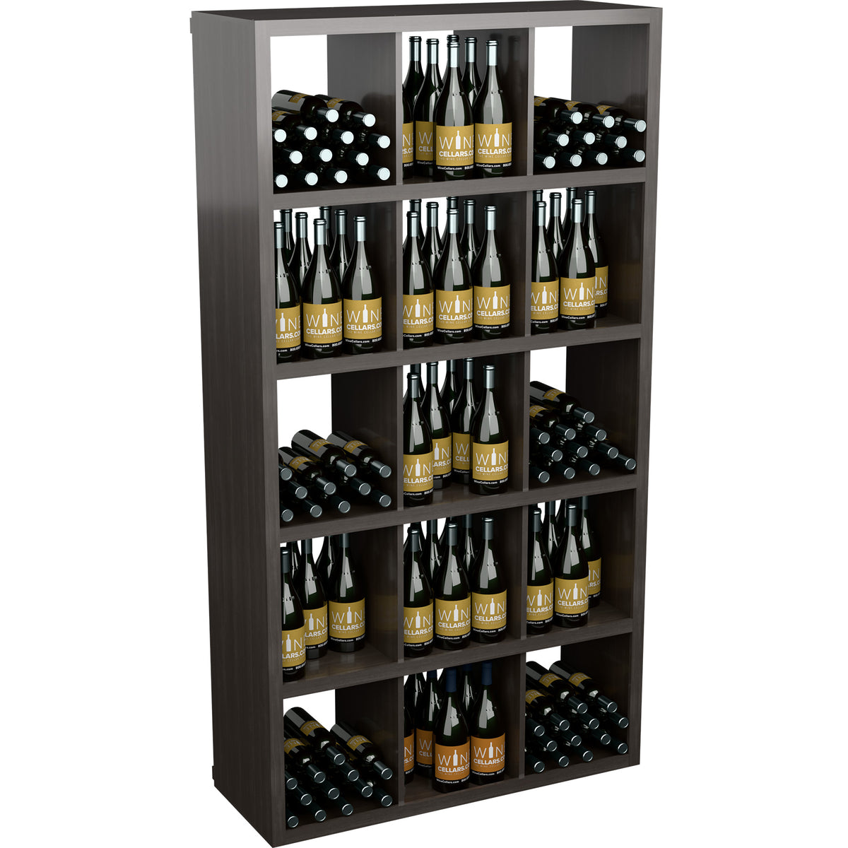 Dark gray wine storage cabinet with open shelves and stored bottles
