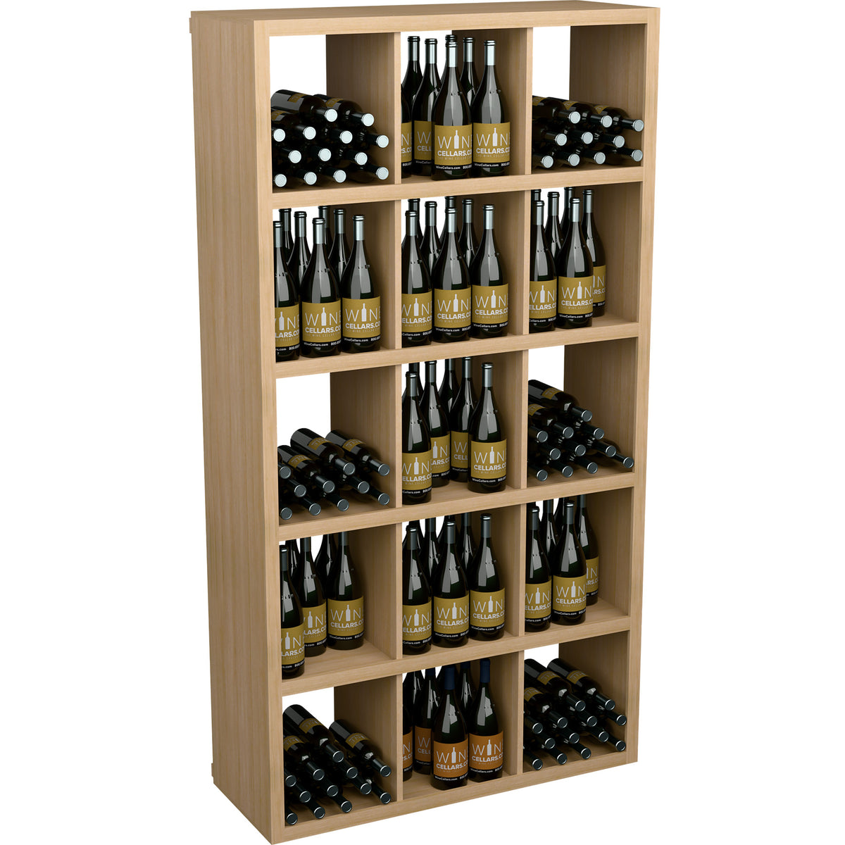 Light gray wood wine bottle storage shelf with open cubbies and rows of bottles, 240 capacity.