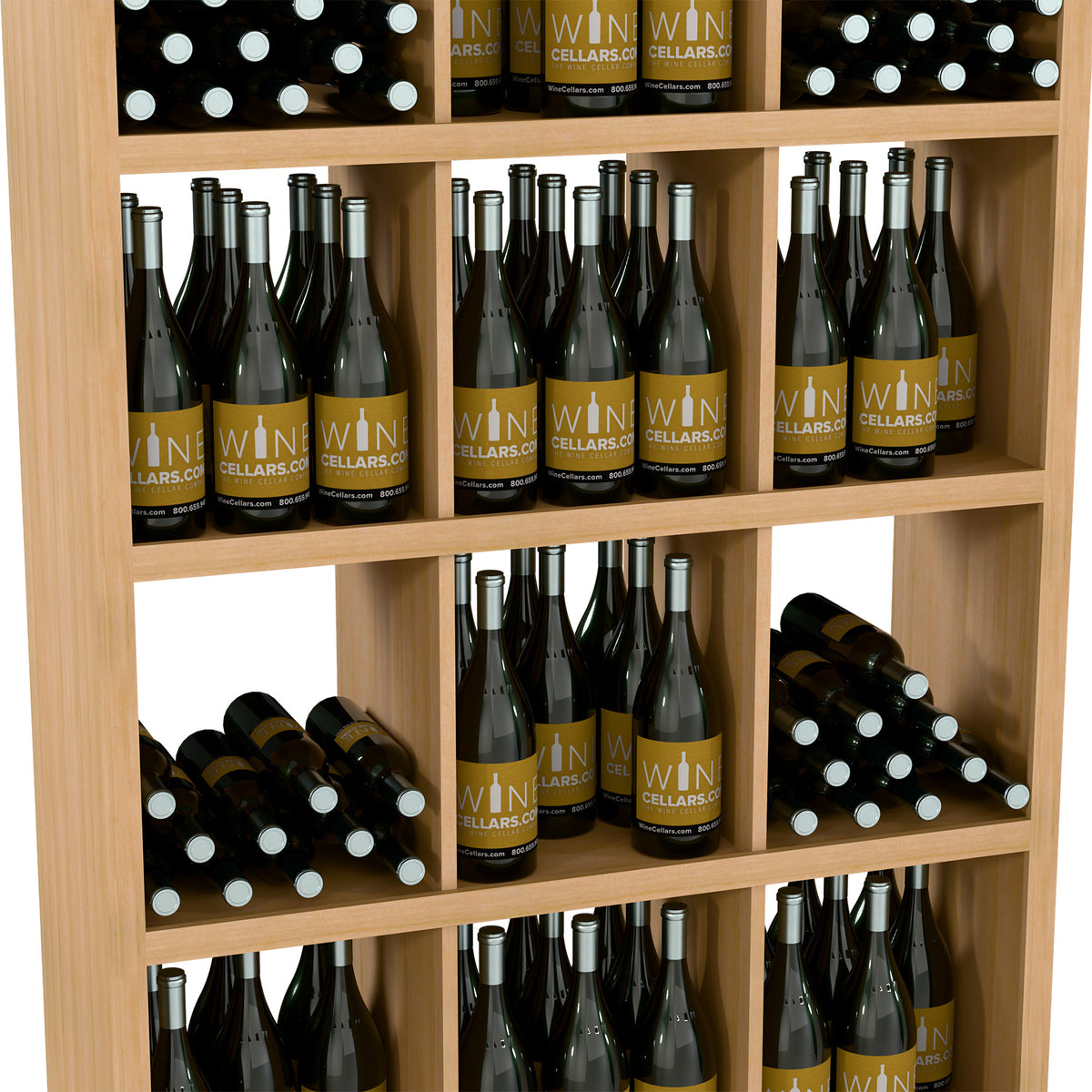 Wood wine cabinet front with upright bottles, label fronts, and two-sided bottle storage