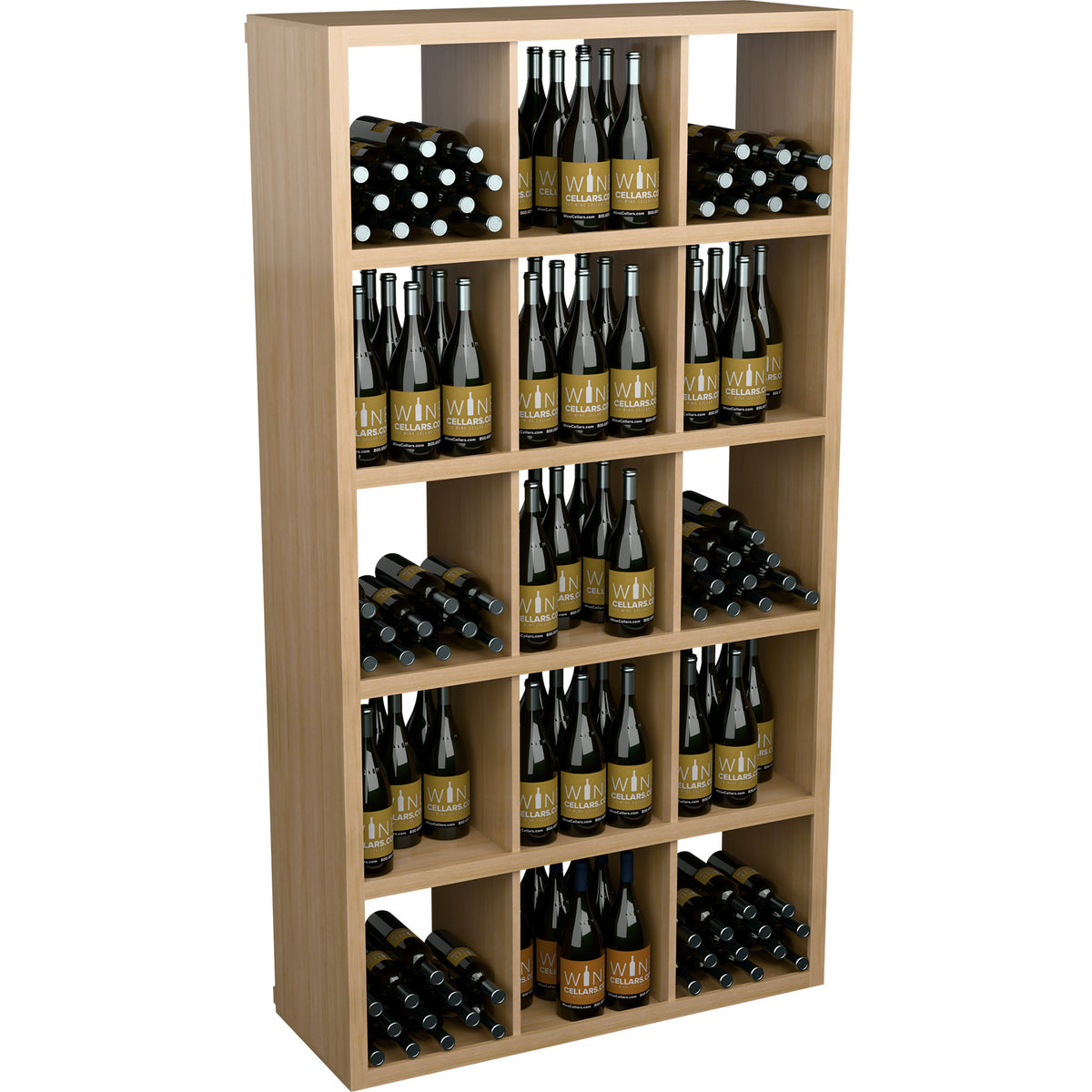 Light wood wine storage cabinet with open shelves and organized bottles