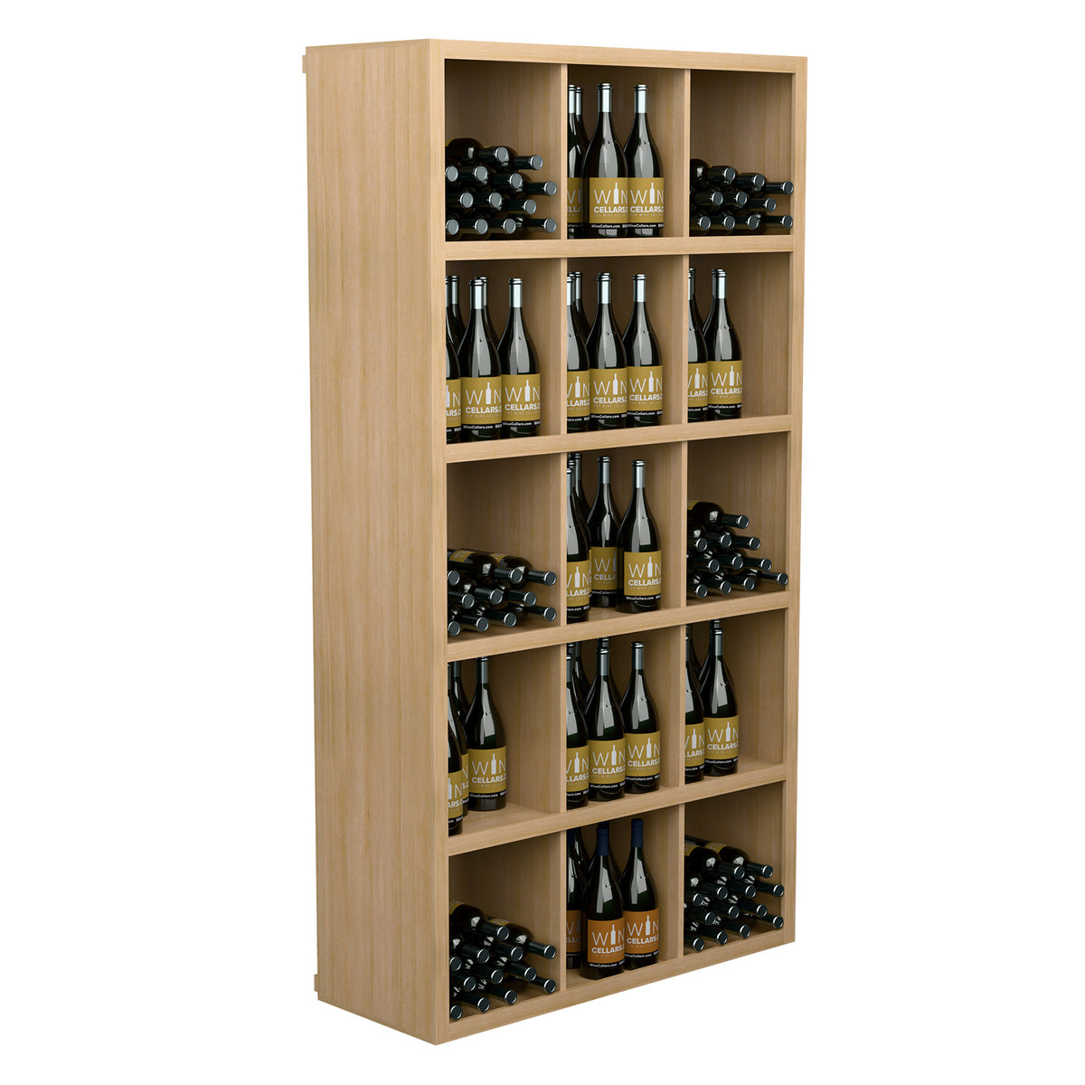 Natural wood wine bottle storage cabinet with open shelves and bottle display