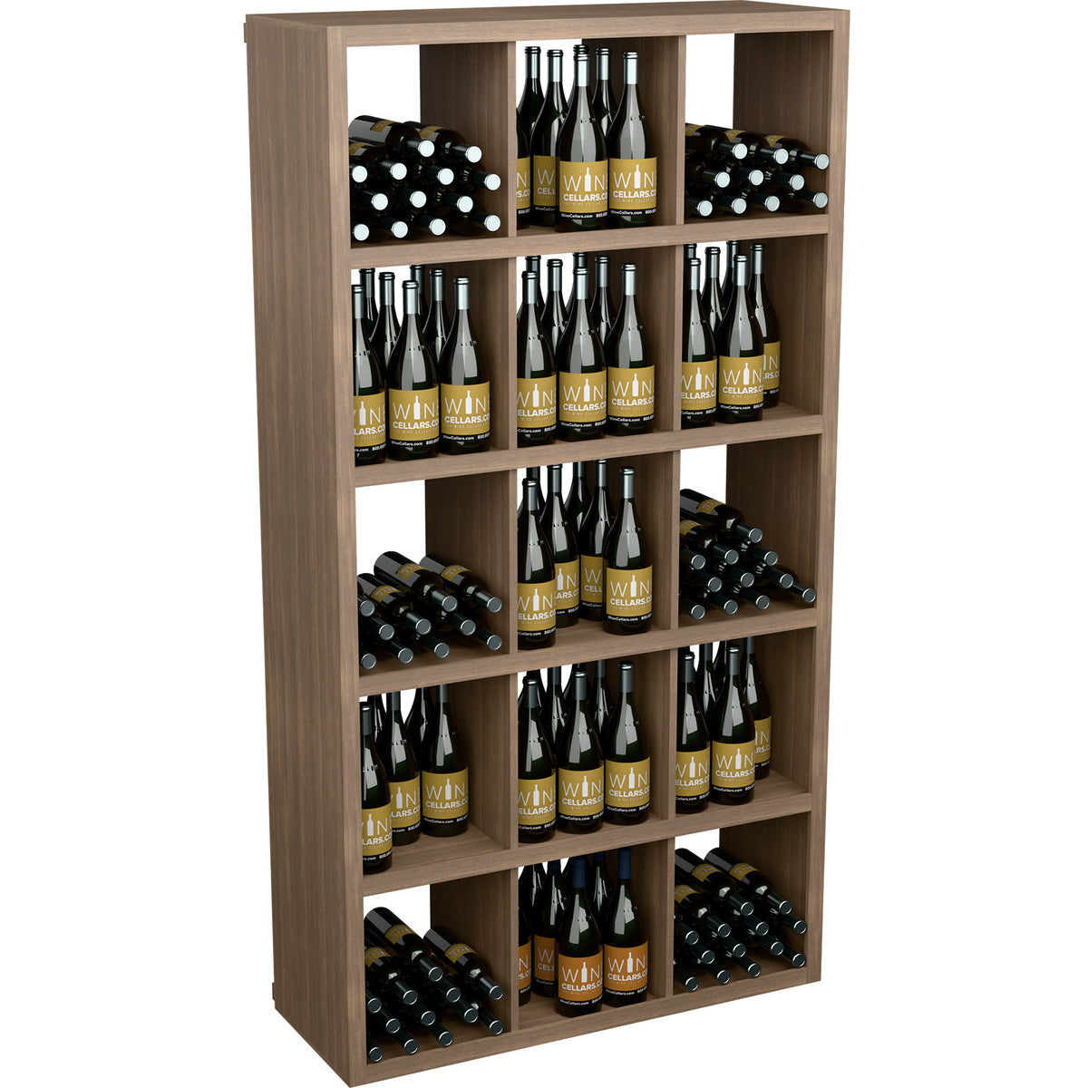 Natural light wood wine bottle storage cabinet with open shelves for rows of bottles