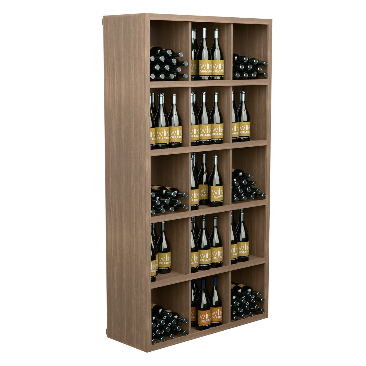 Natural wood wine bottle storage shelf with open cubbies and bottle rows