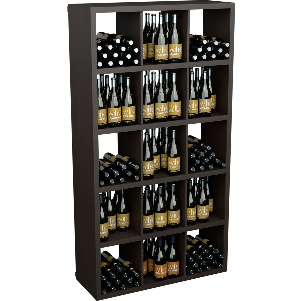 Rectangular wine storage shelf with open front, dark wood, multi-tier bottle and crate slots