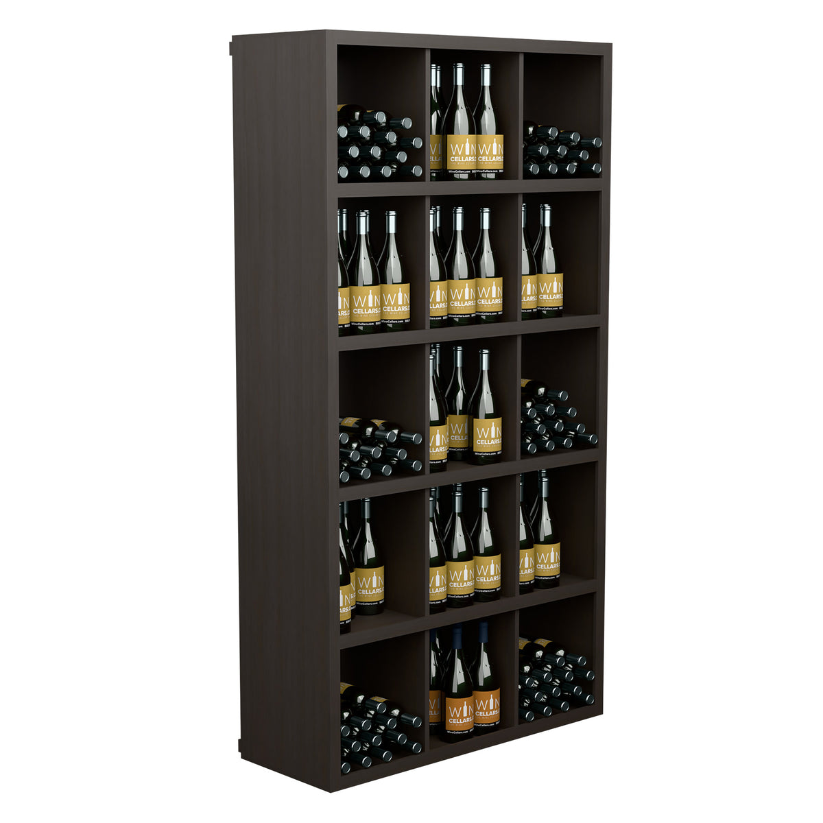 Black wine bottle storage shelf with open cubbies holding rows of bottles