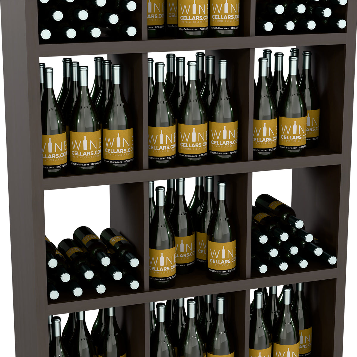 Close-up of open shelves in a wood wine bottle storage cabinet with bottles