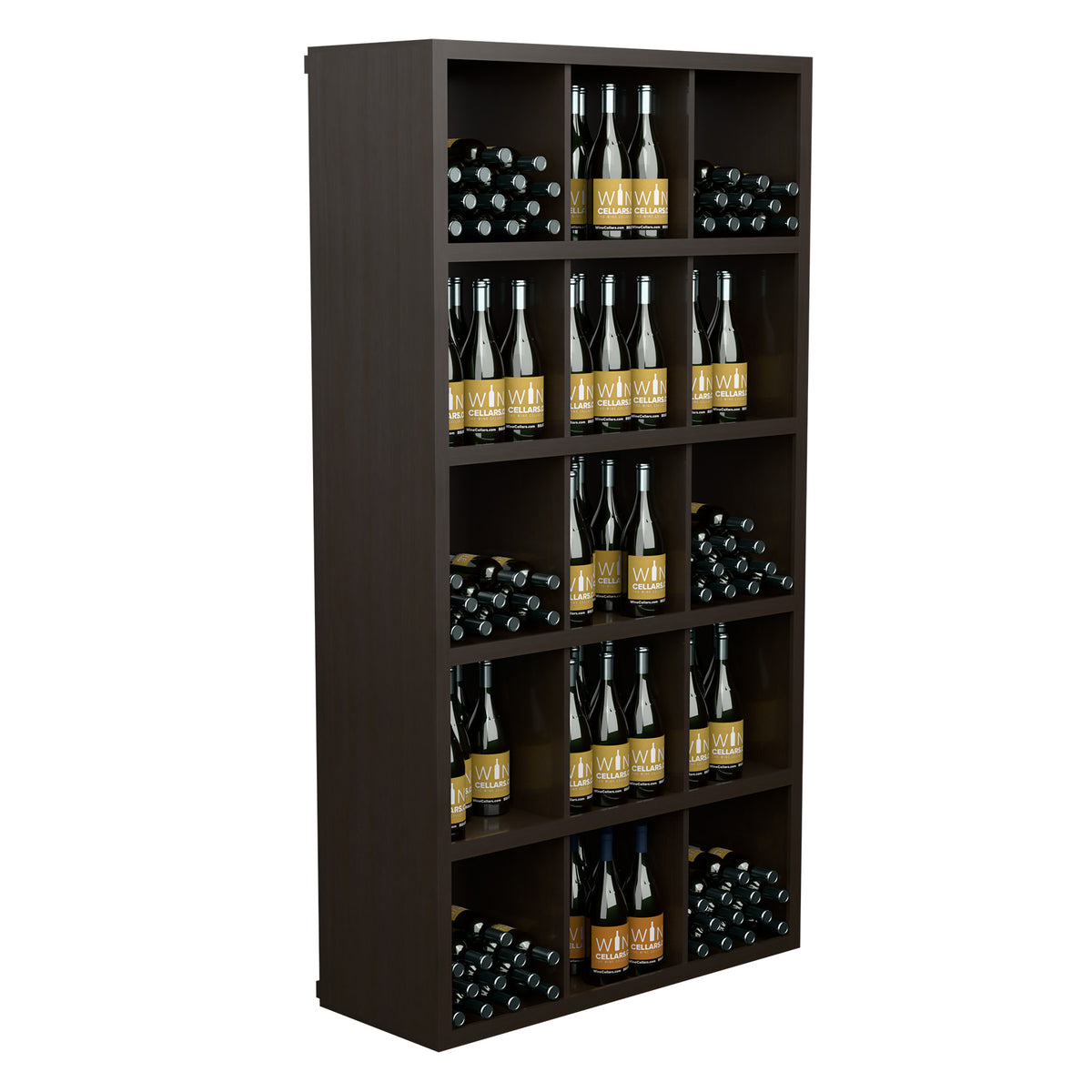 Dark rectangular wine bottle storage cabinet with open shelves and filled bottle cubbies