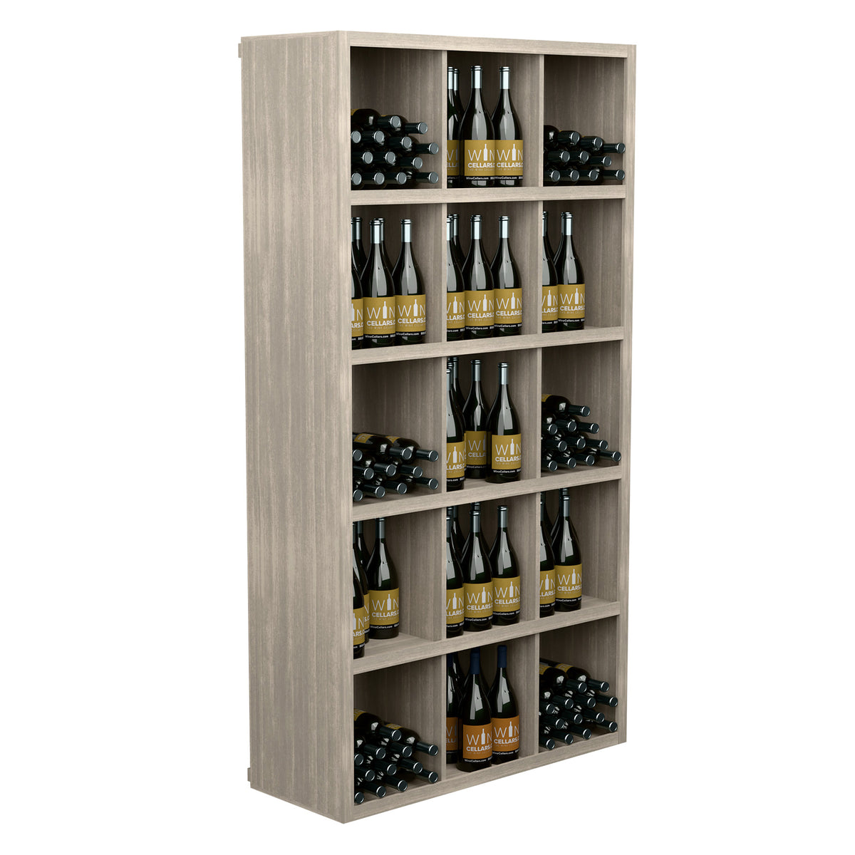 Wood wine bottle storage shelf with open cubbies, filled with bottles, light gray finish