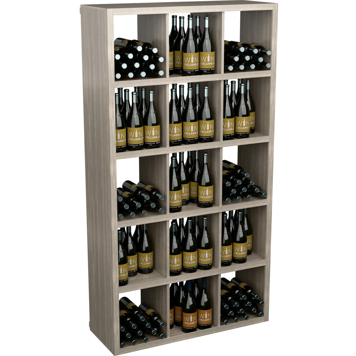Rectangular wine bottle storage cabinet in light wood with open shelves, filled bottles