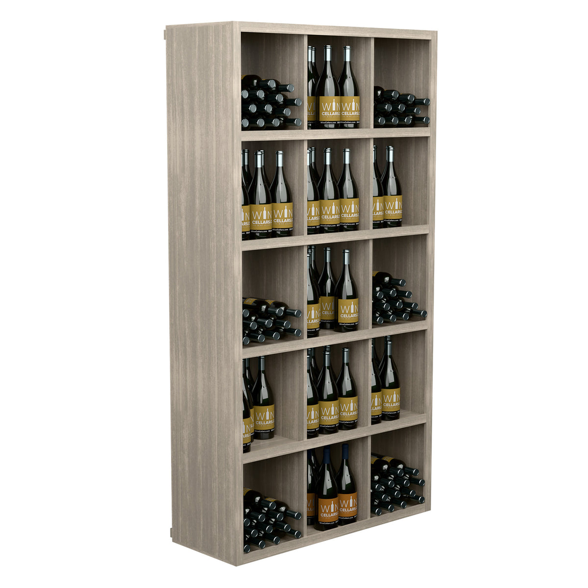 Light wood rectangular wine bottle storage cabinet with open shelves and filled bottle cubbies