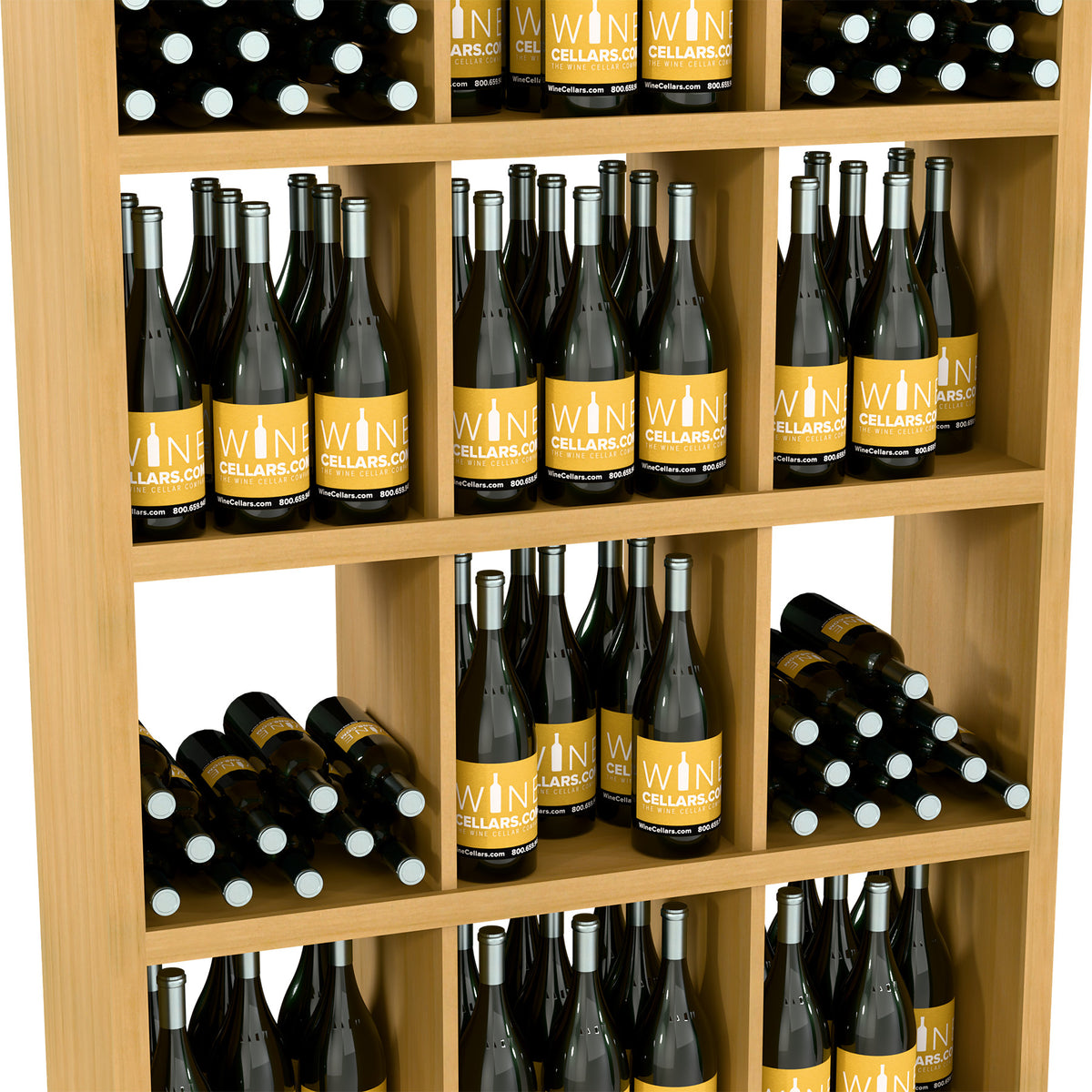 Light wood wine bottle storage shelf showing several rows of filled bottles and bottle racks
