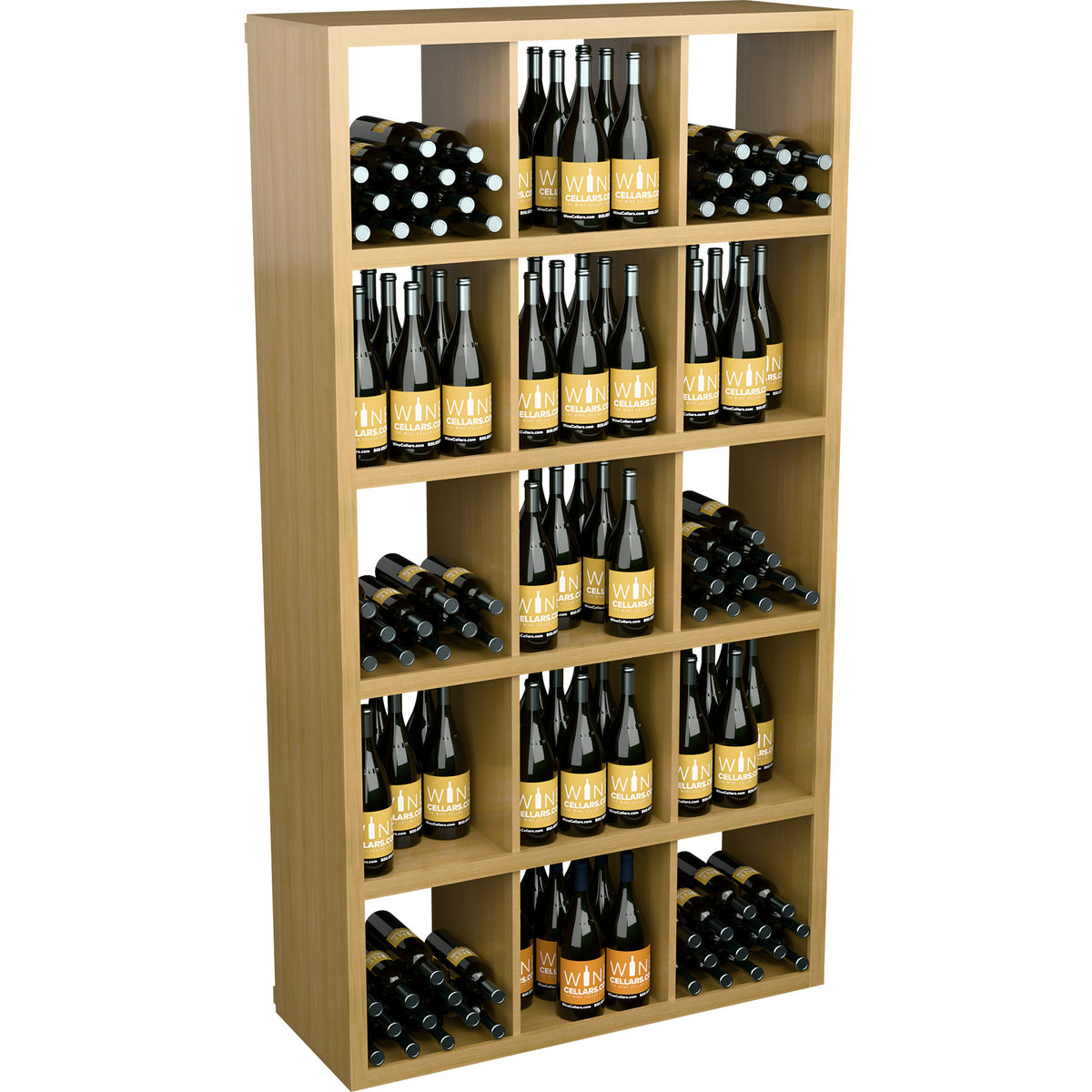 Rectangular wine bottle storage rack with open wooden shelves and stacked bottles