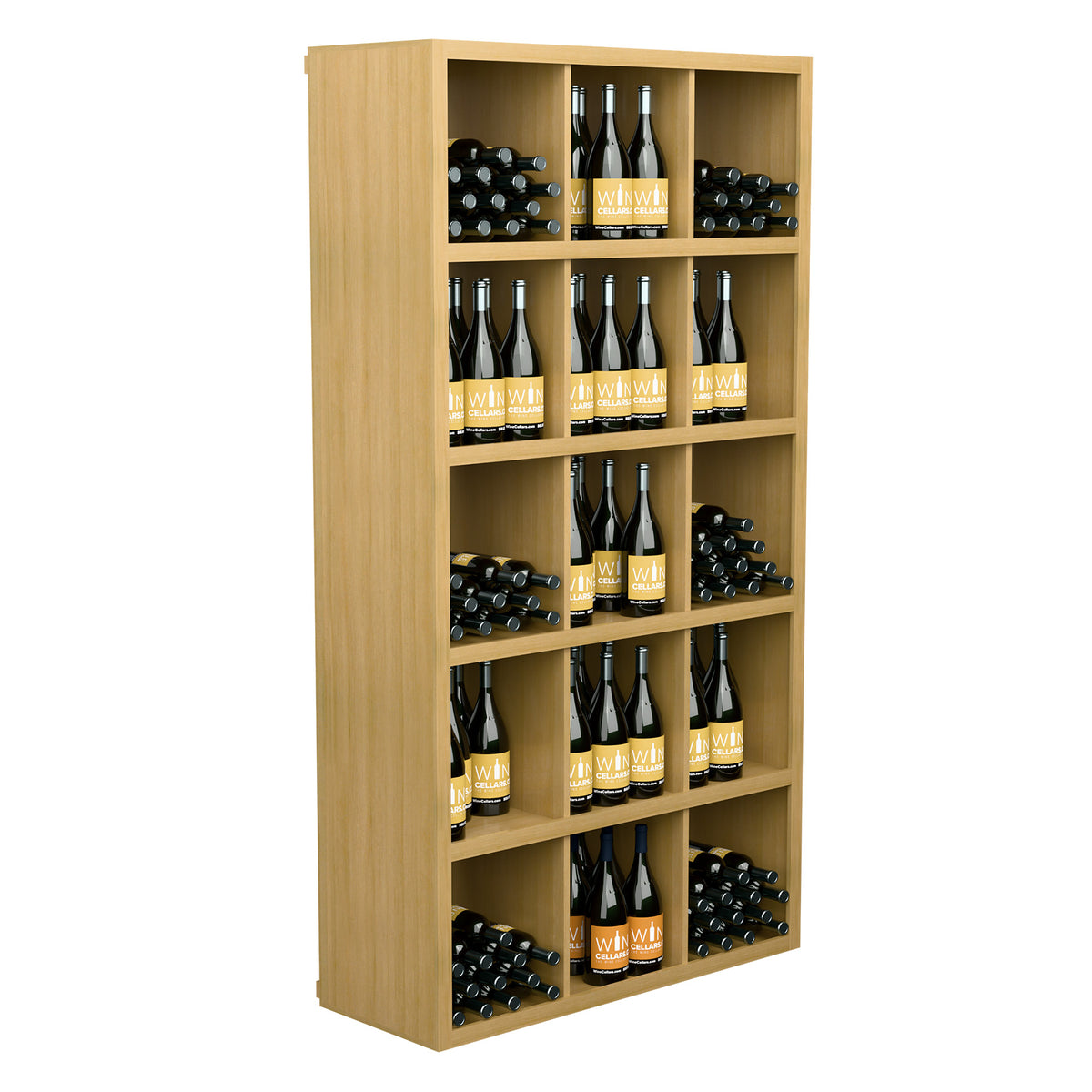 Rectangular wine bottle storage rack with open shelves holding bottles upright and tilted