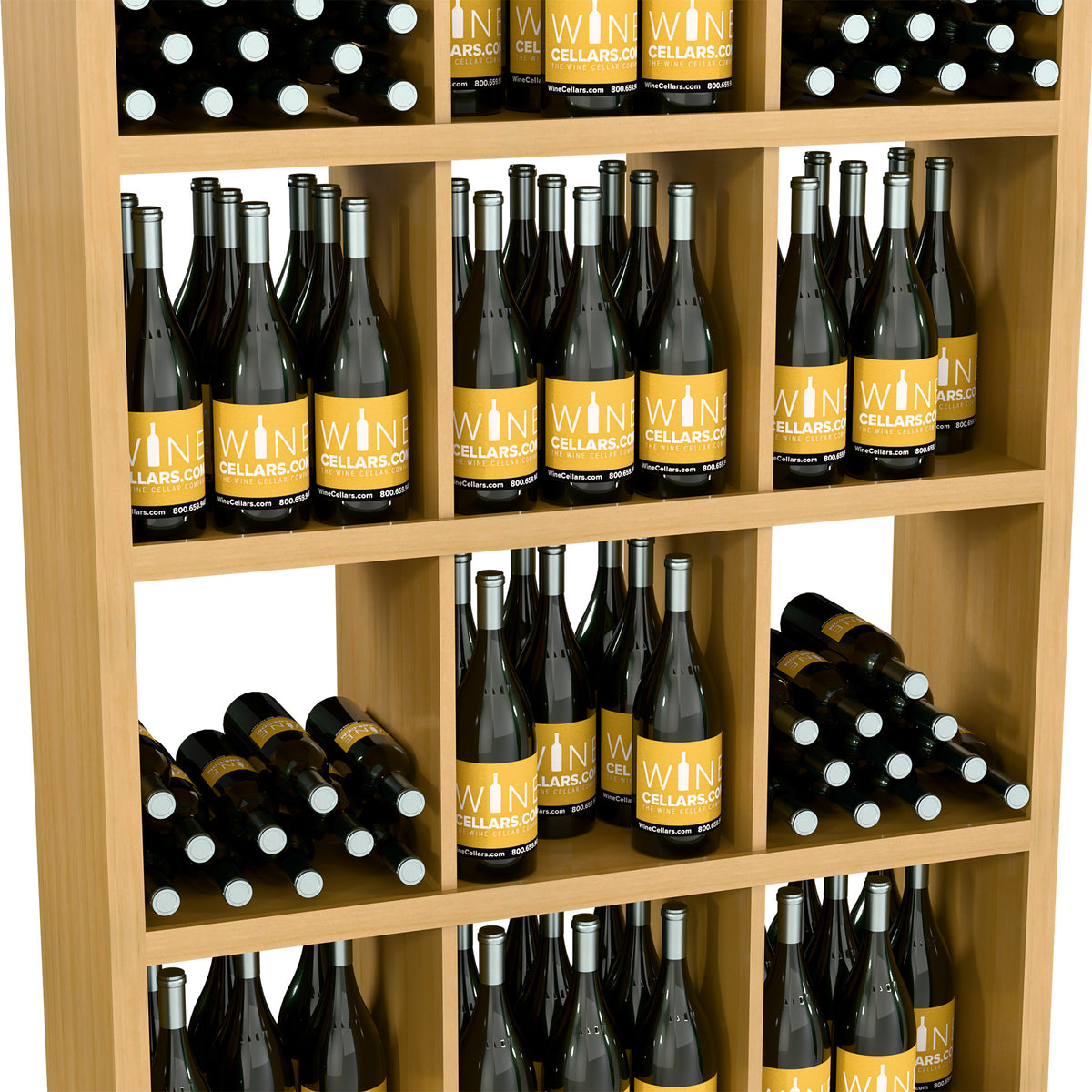 Close-up of wine bottle storage rack shelves with bottles arranged in rows