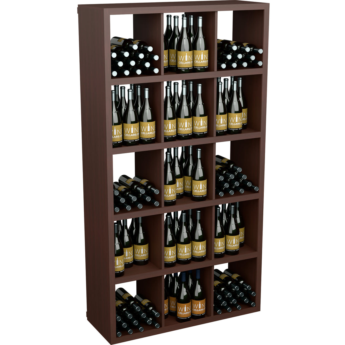 Brown wood wine bottle storage cabinet with open shelves for wine bottles