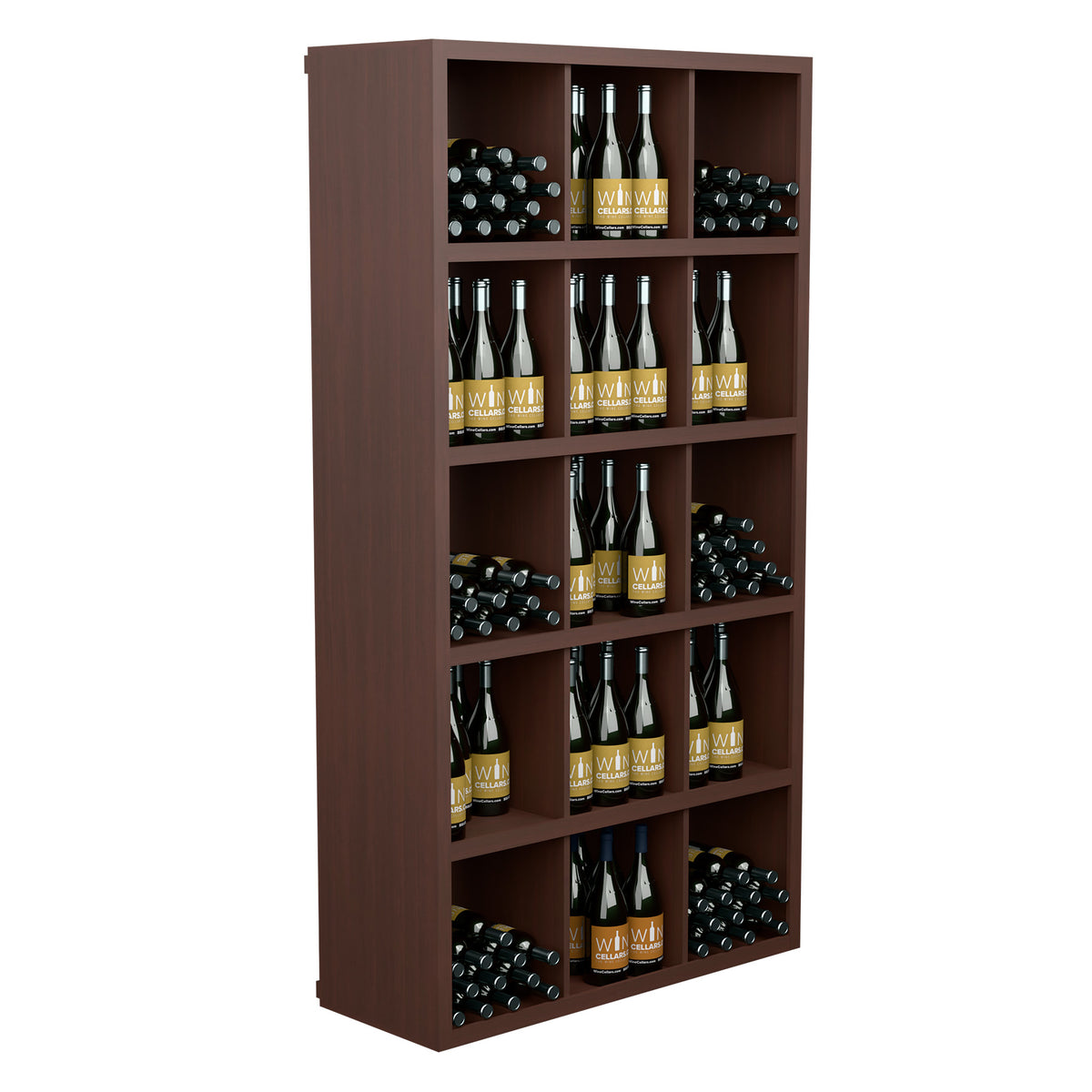 Walnut-tone wine bottle storage shelf with open cubbies holding multiple bottles