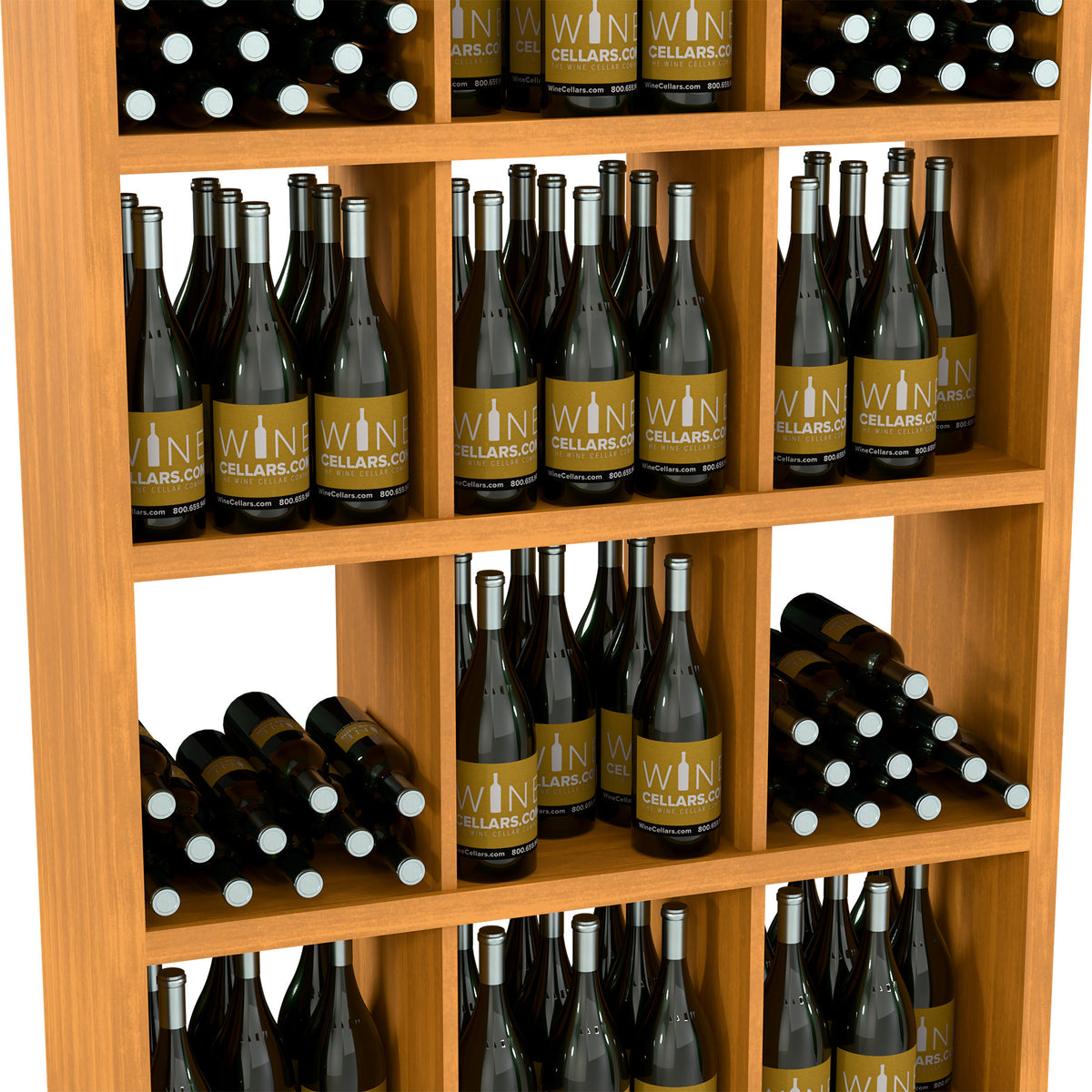 Warm light wood wine bottle storage shelf with multiple compartments holding wine bottles