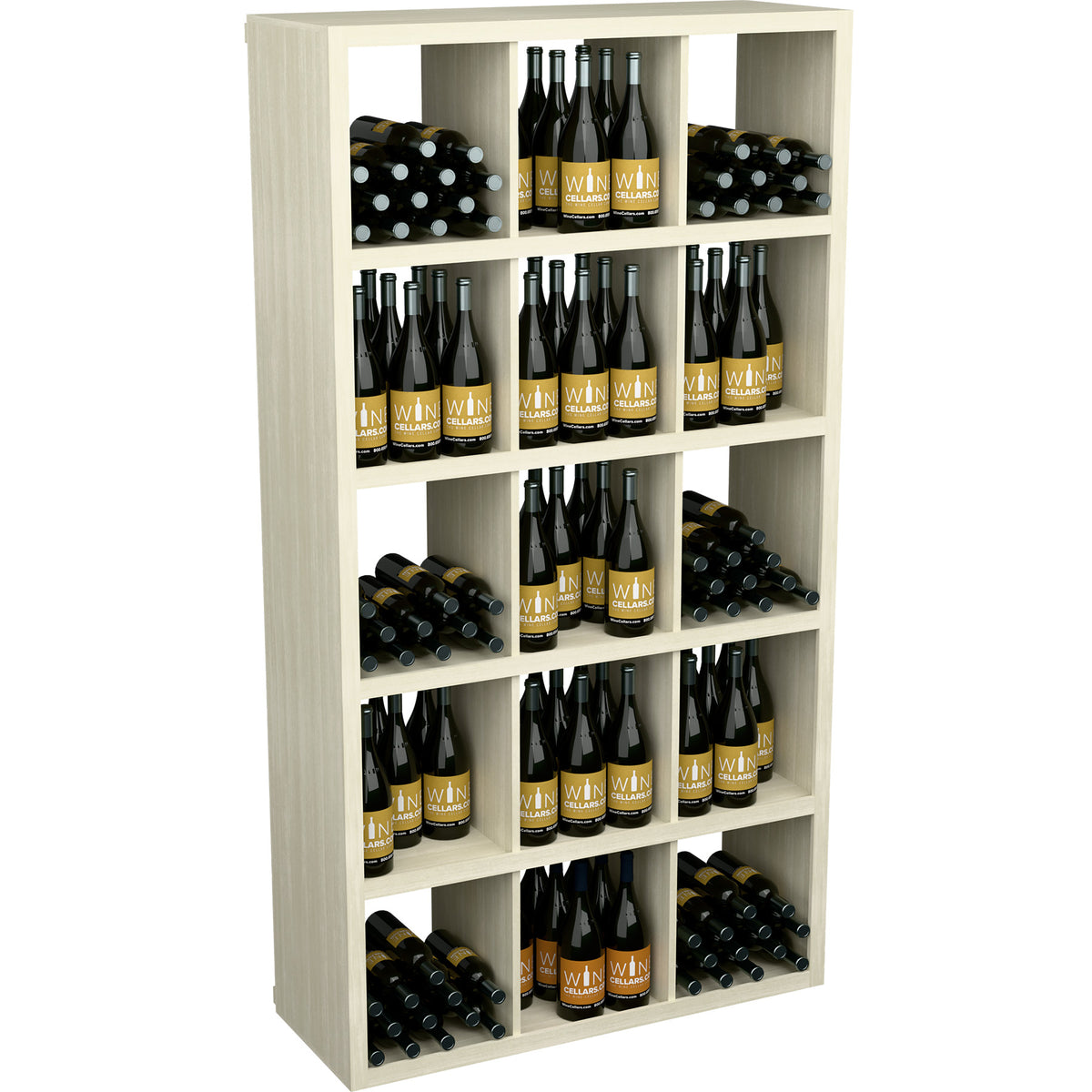 Whitewashed wood wine bottle storage shelf with open cubbies and rows of bottles, 240 capacity.