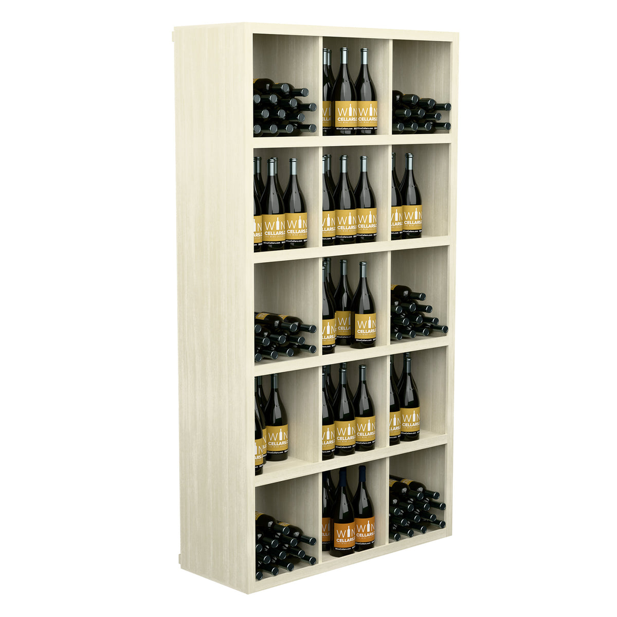 Wood wine bottle storage shelf with open cubbies, filled with bottles, whitewashed finish