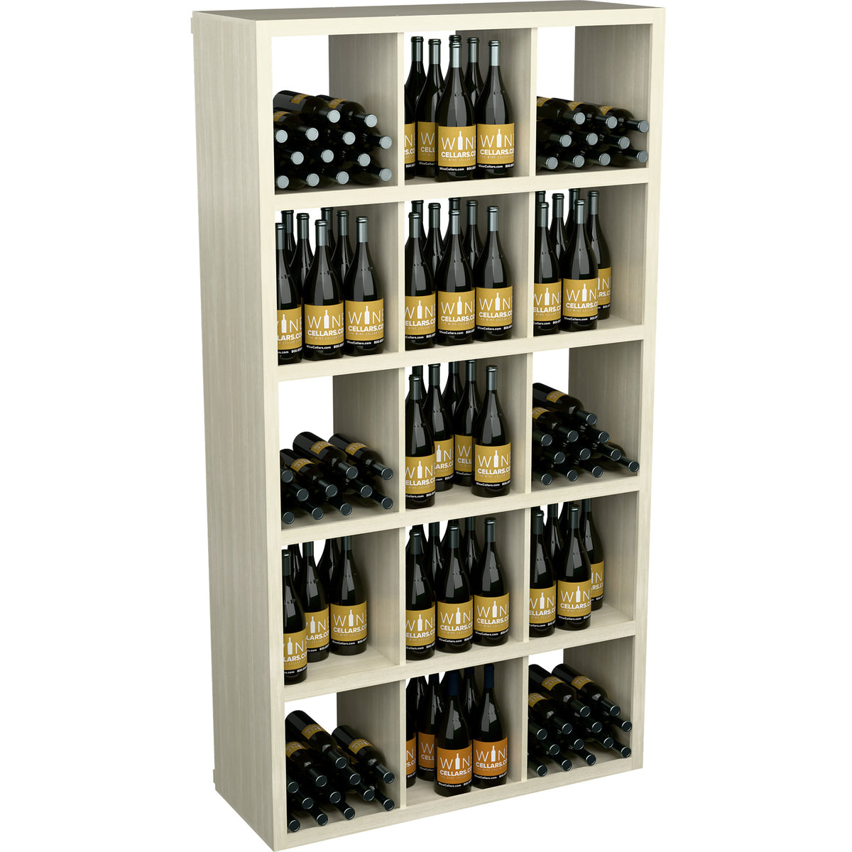 Rectangular wine bottle storage rack in whitewashed wood with open shelves and bottles