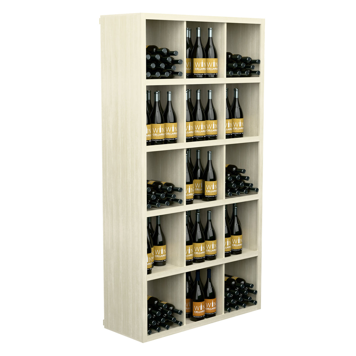 Rectangular wine bottle storage cabinet with open front shelves, holding bottles and a top rack.