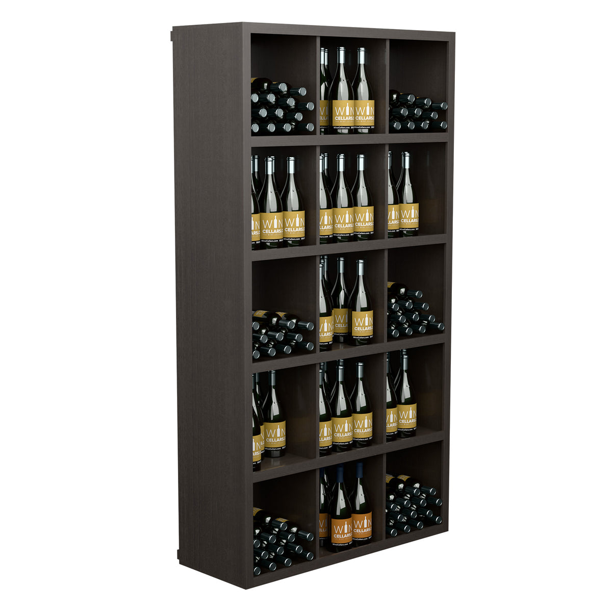 Rectangular wine bottle storage cabinet in dark wood, front view with filled bottle shelves.