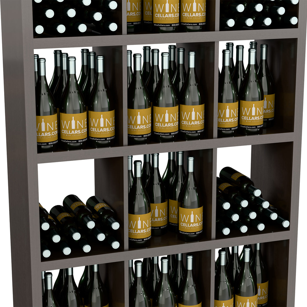 Close-up of a dark wood wine bottle storage cabinet with rows of bottles.