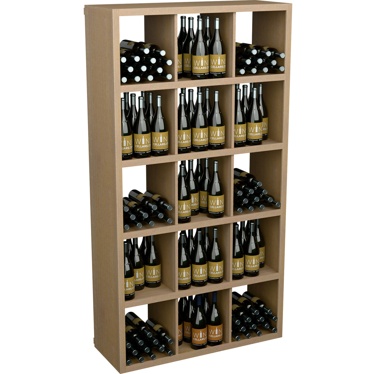 Light wood wine bottle storage shelf with open cubbies and stacked wine bottles