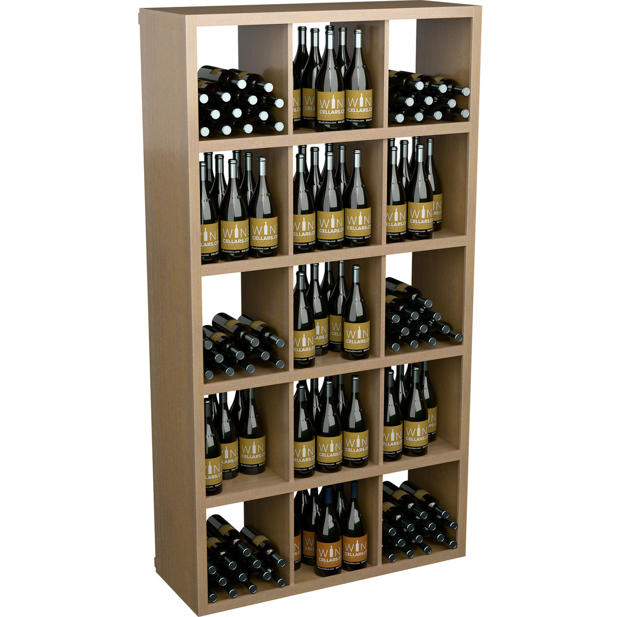 Rectangular wine bottle storage cabinet in light wood with open shelves and bottle racks.