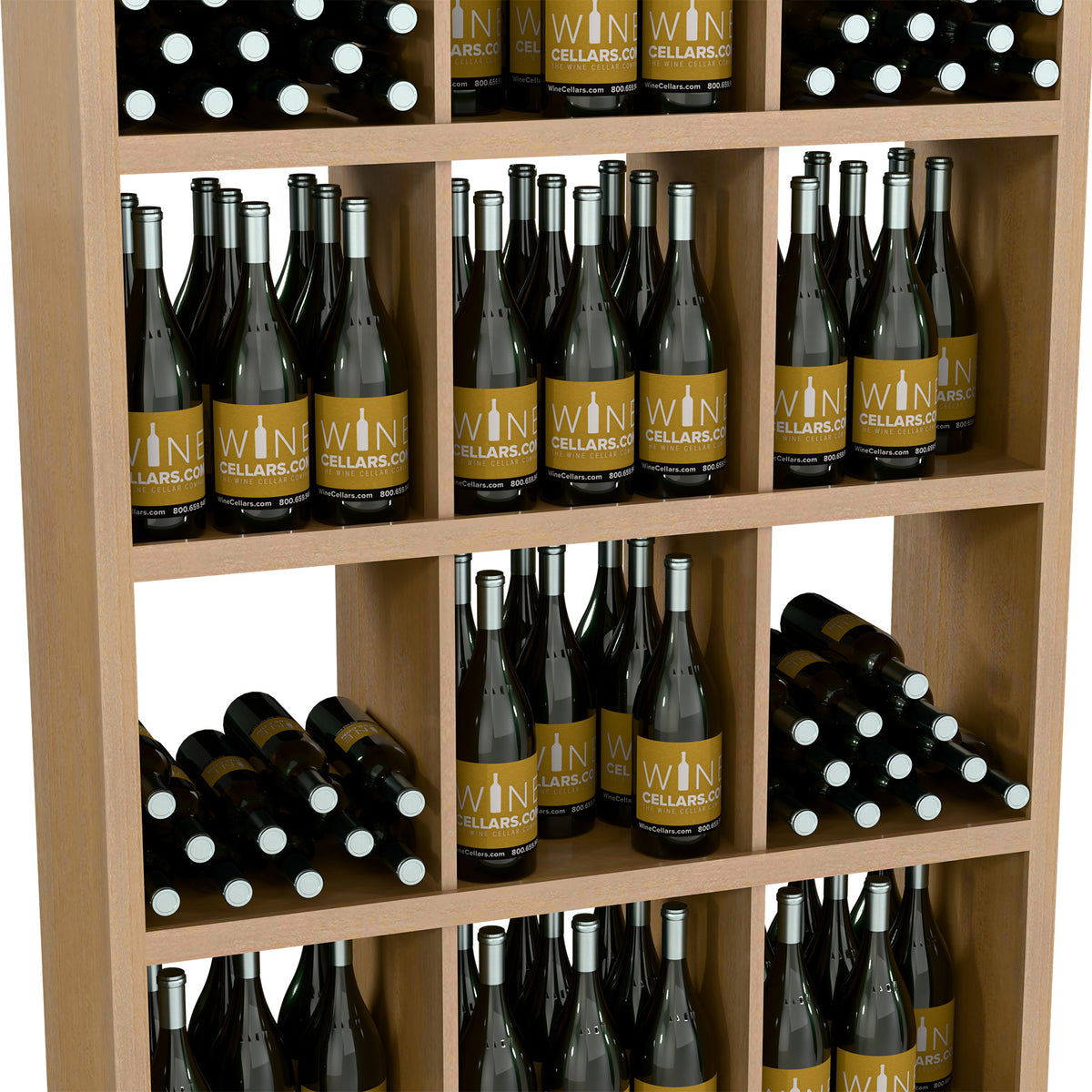 Wood wine bottle storage cabinet with open shelves holding green and amber bottles
