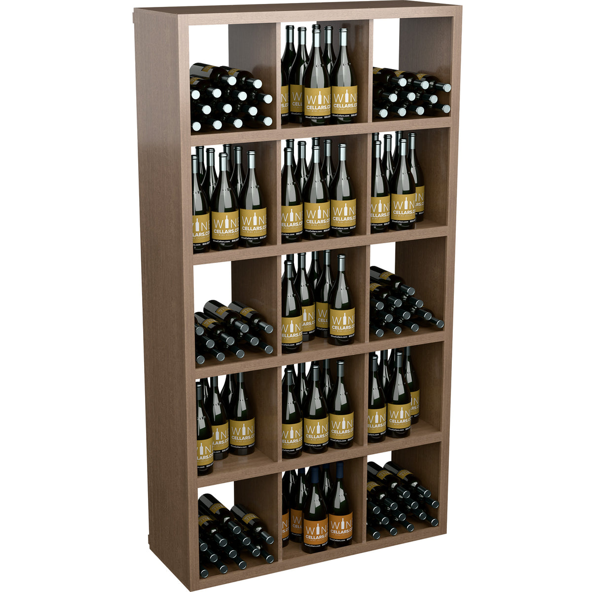 Tall wine bottle storage cabinet with open cubbies and rows of labeled bottles