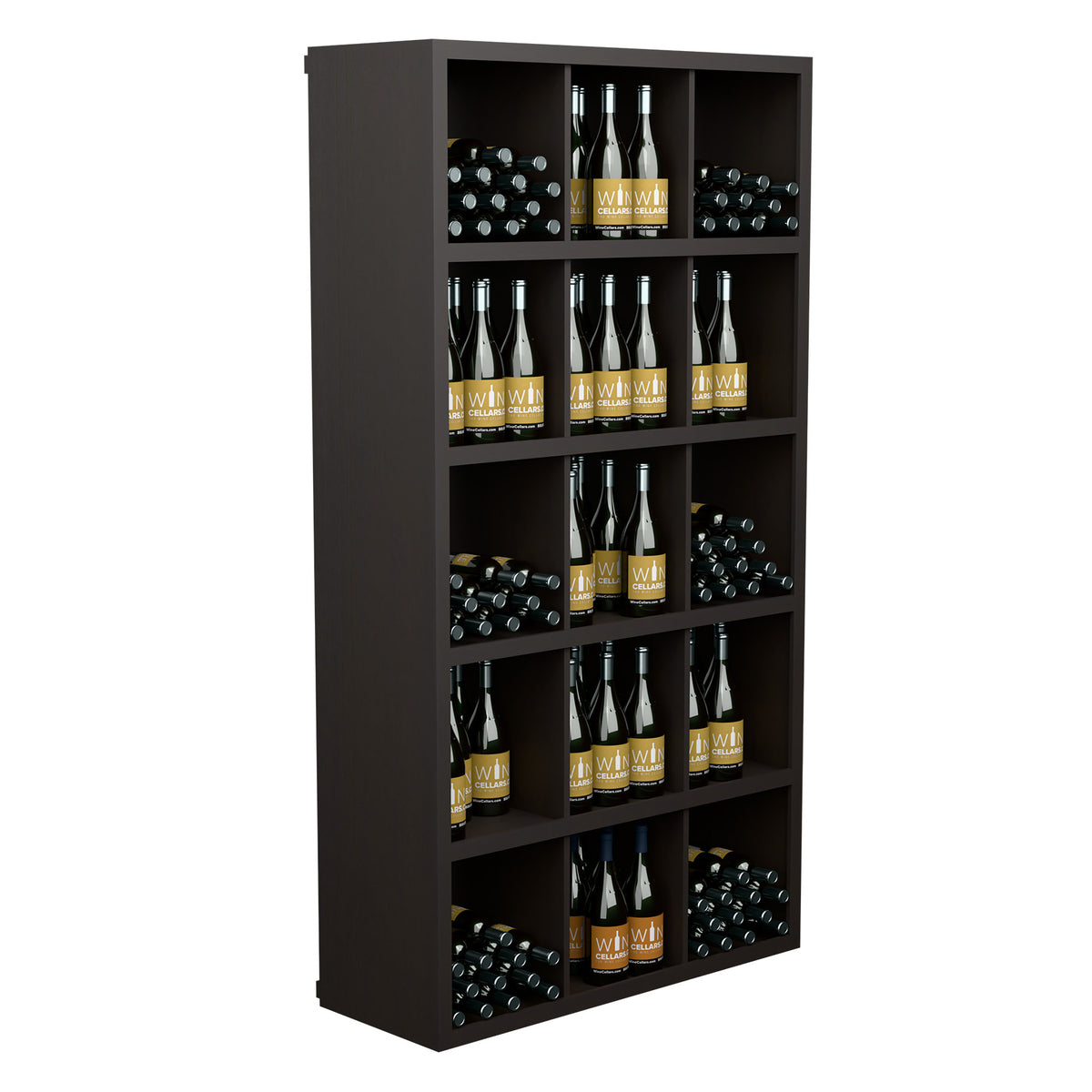 Dark wine bottle storage shelf with open cubbies and multiple bottle rows