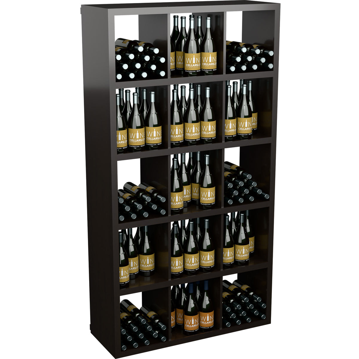 Dark wood wine bottle storage cabinet with open shelves and packed wine bottles