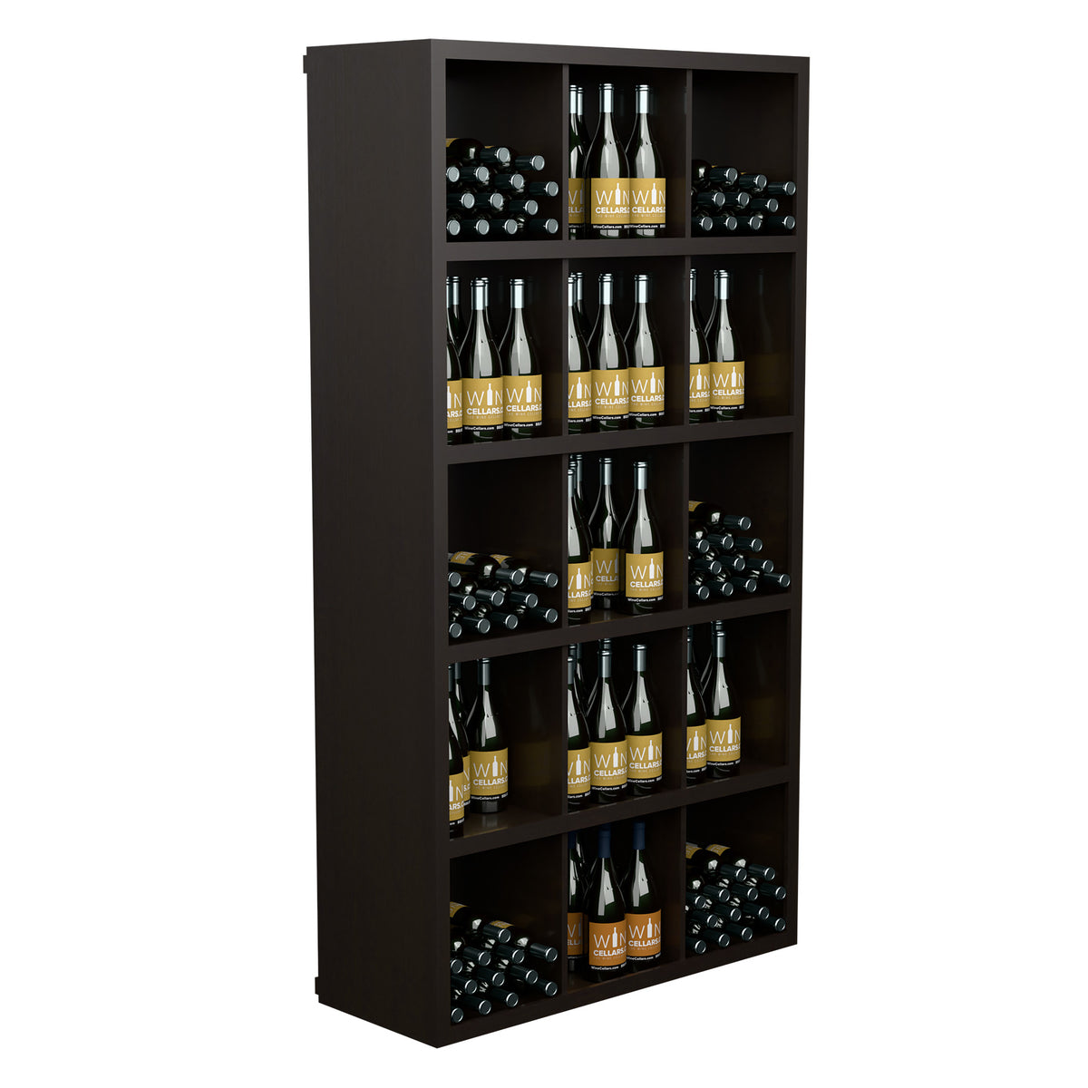 Dark wine bottle storage cabinet with open compartments holding wine bottles