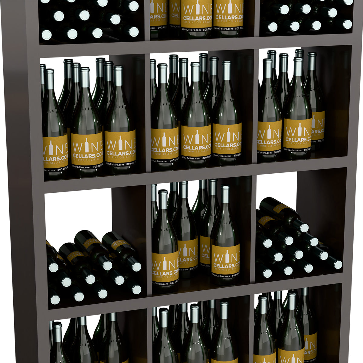 Dark wood wine bottle storage cabinet with front shelves of green and amber bottles