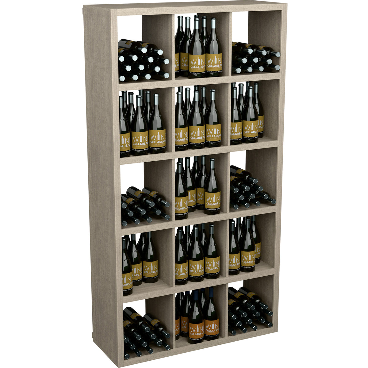 Gray wine bottle storage shelf with open compartments and neatly arranged bottles