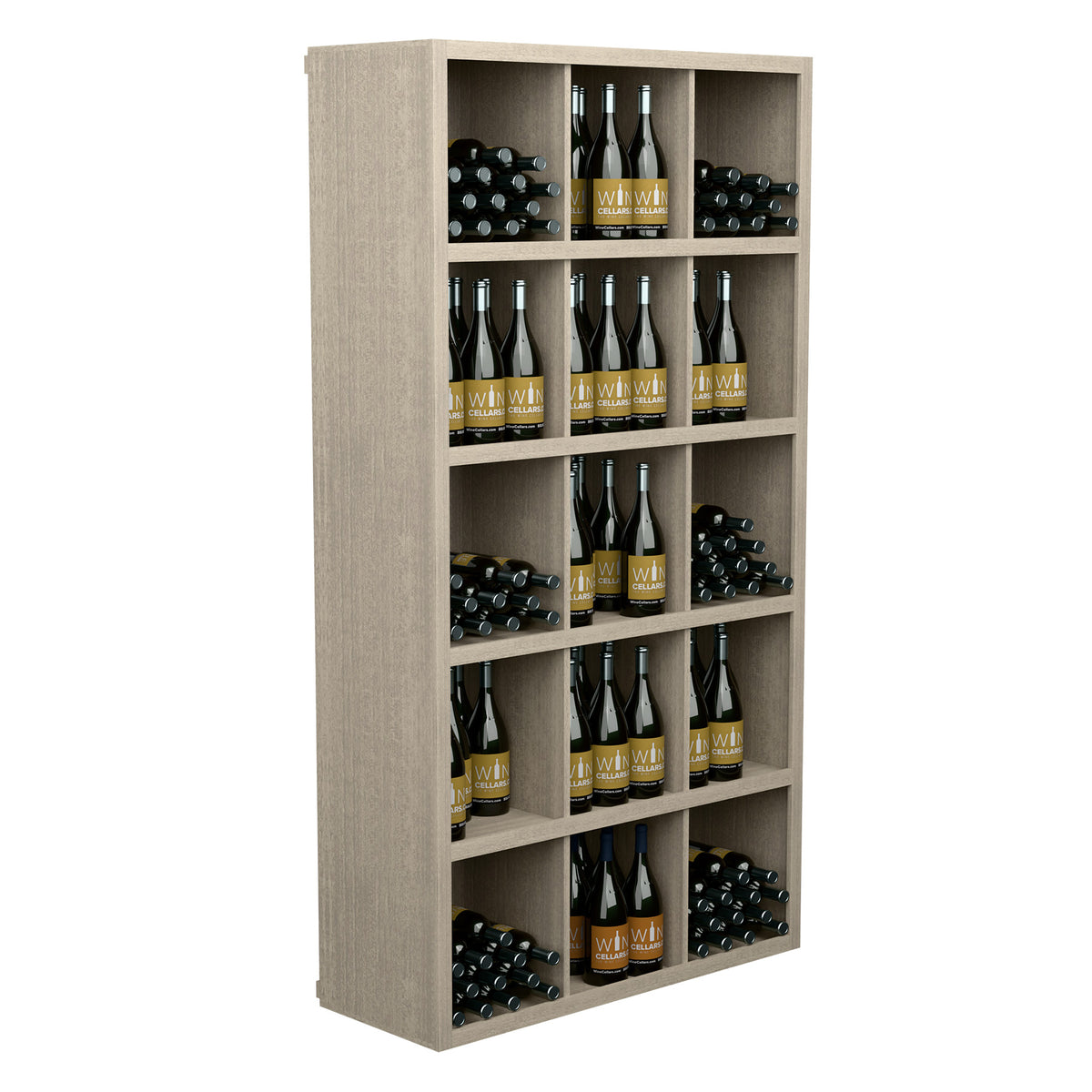 Light wood wine bottle storage cabinet with open front shelves and bottle slots