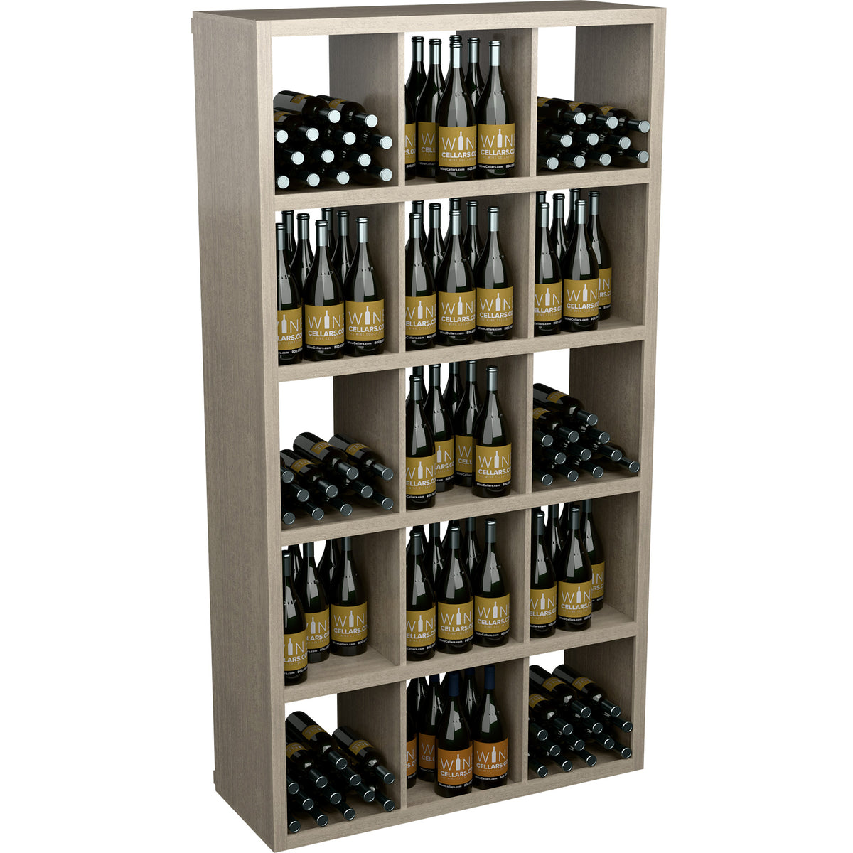 Light wood wine bottle storage cabinet with open shelves and rows of wine bottles