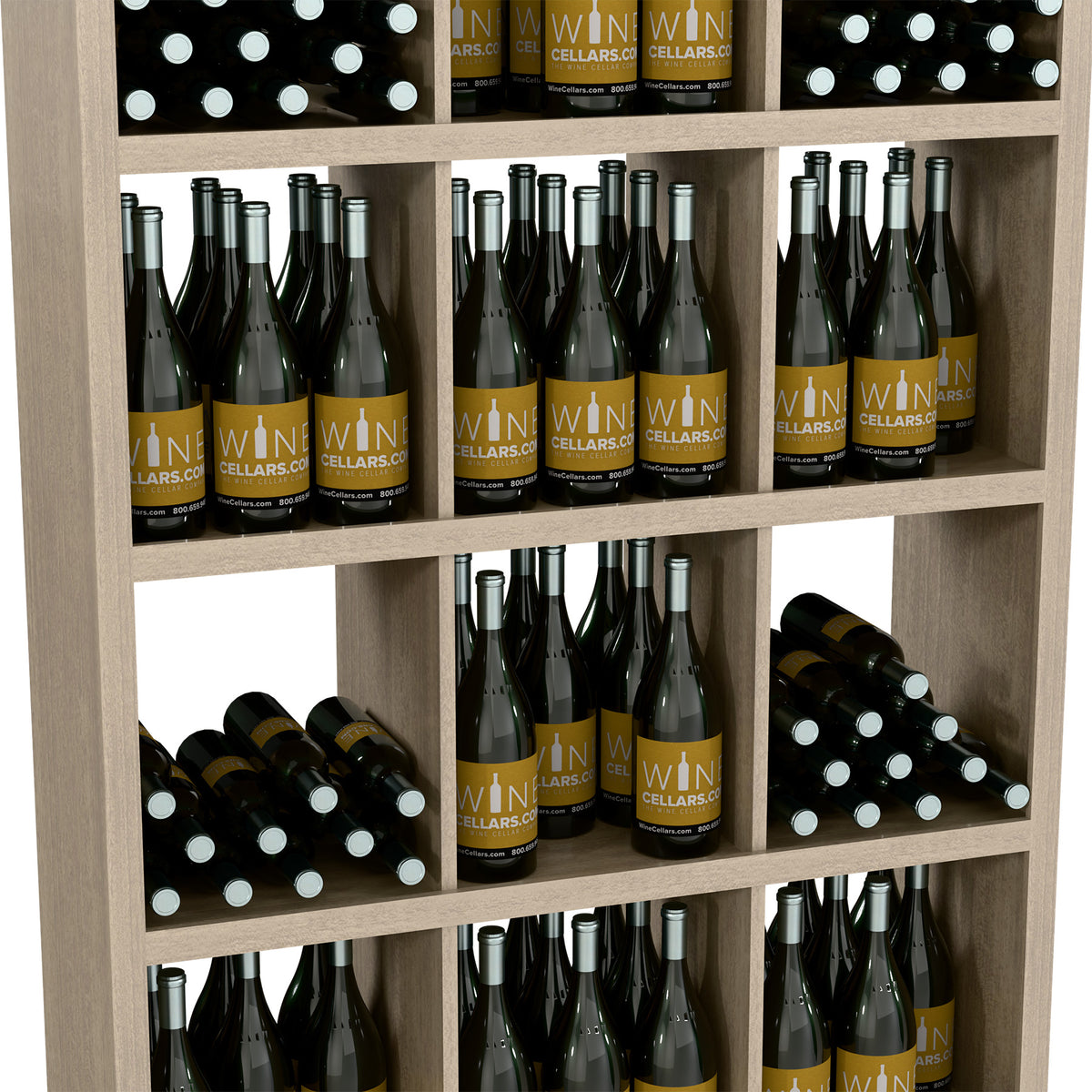 Wood wine bottle storage cabinet close-up with front shelves of green and amber bottles