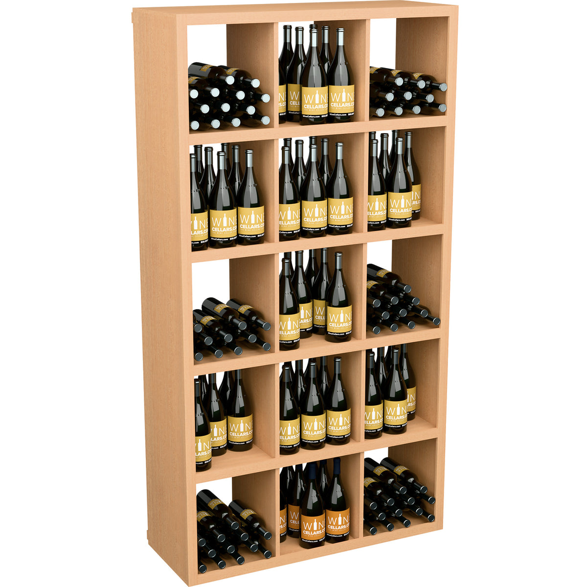 Wood wine bottle storage shelf with open cubbies and multiple bottle rows