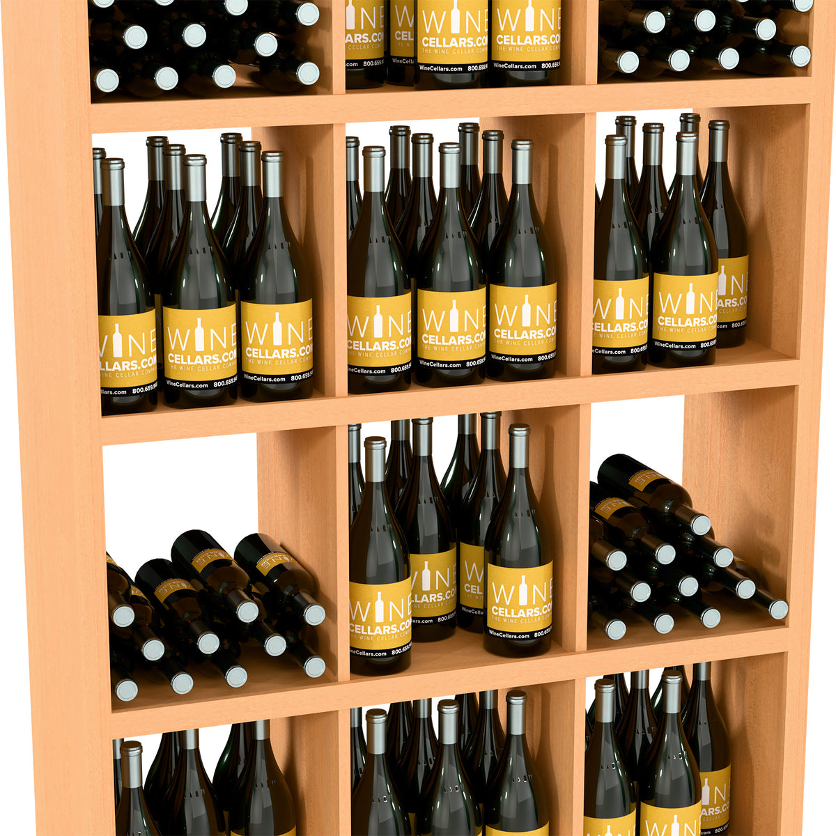 Light wood wine bottle bin shelf with open cubbies holding rows of bottles
