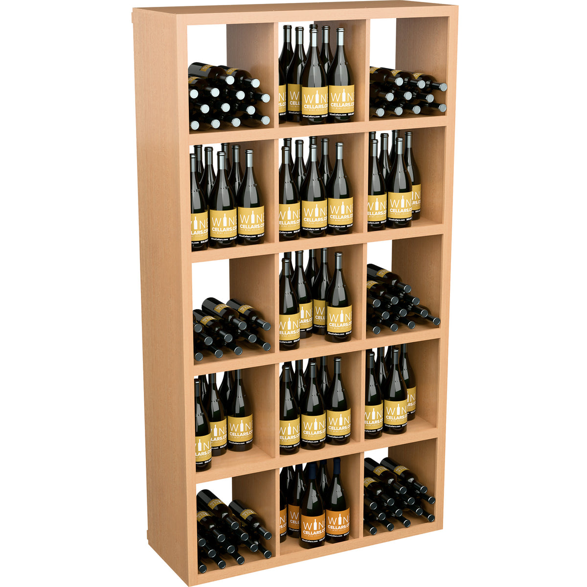 Light wood wine bottle storage cabinet with open shelves for multiple bottles