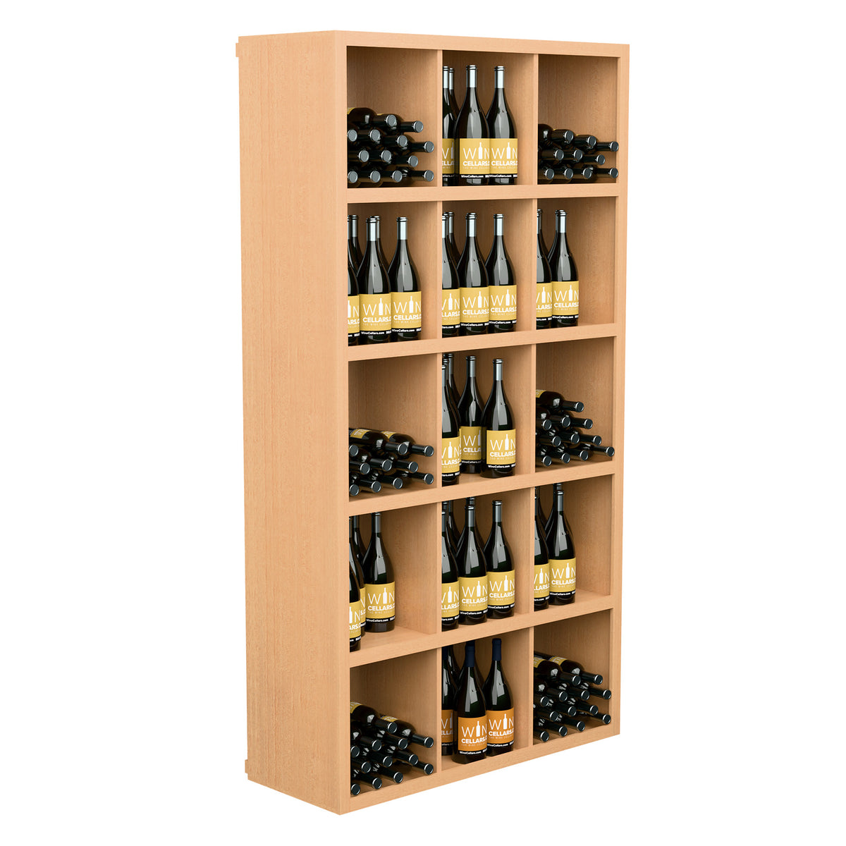 Light wood wine rack cabinet with multiple open shelves holding bottles