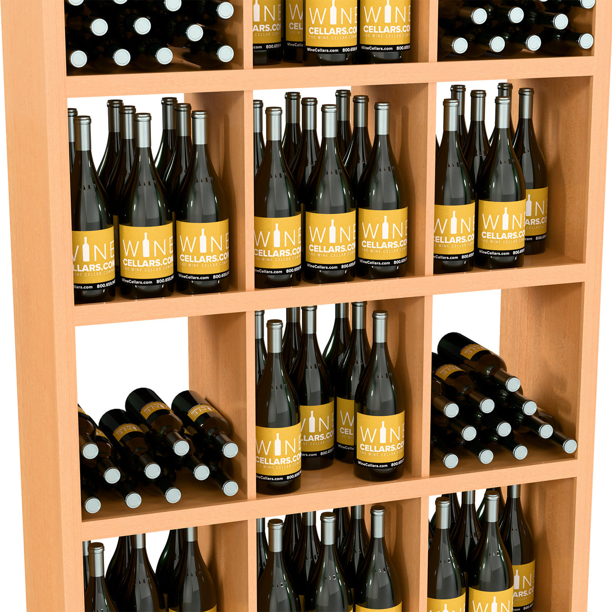 Close view of light wood wine rack shelves with wine bottles and bottle rows