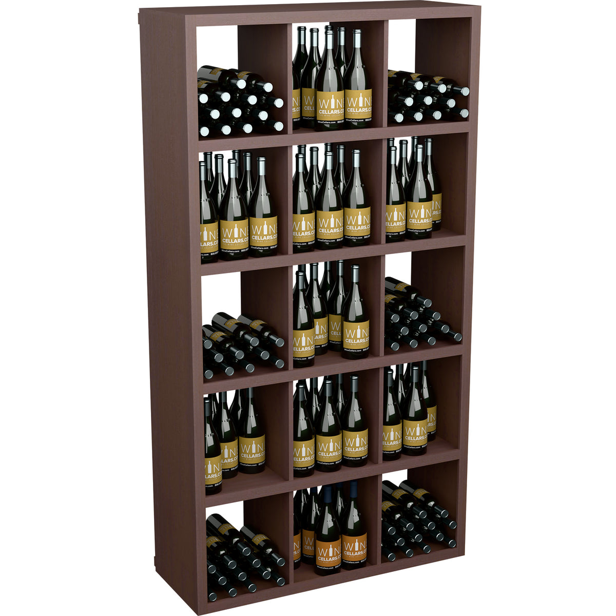 Rectangular wine storage shelf with open front, dark wood finish, bottle shelves and compartments