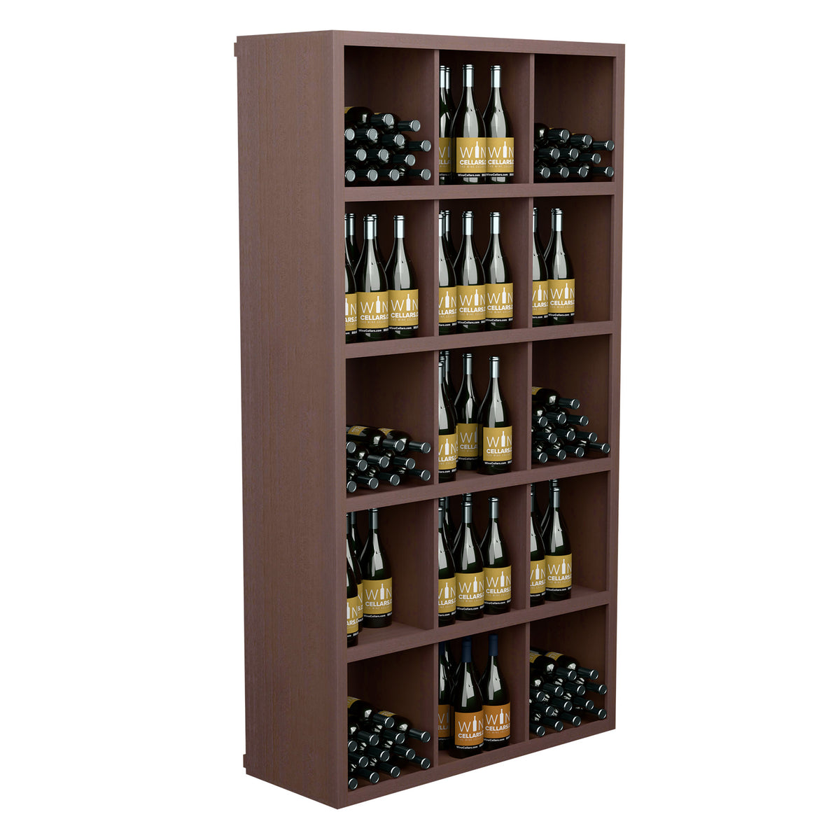 Wood wine bottle storage shelf with open cubbies, filled with bottles, warm reddish finish