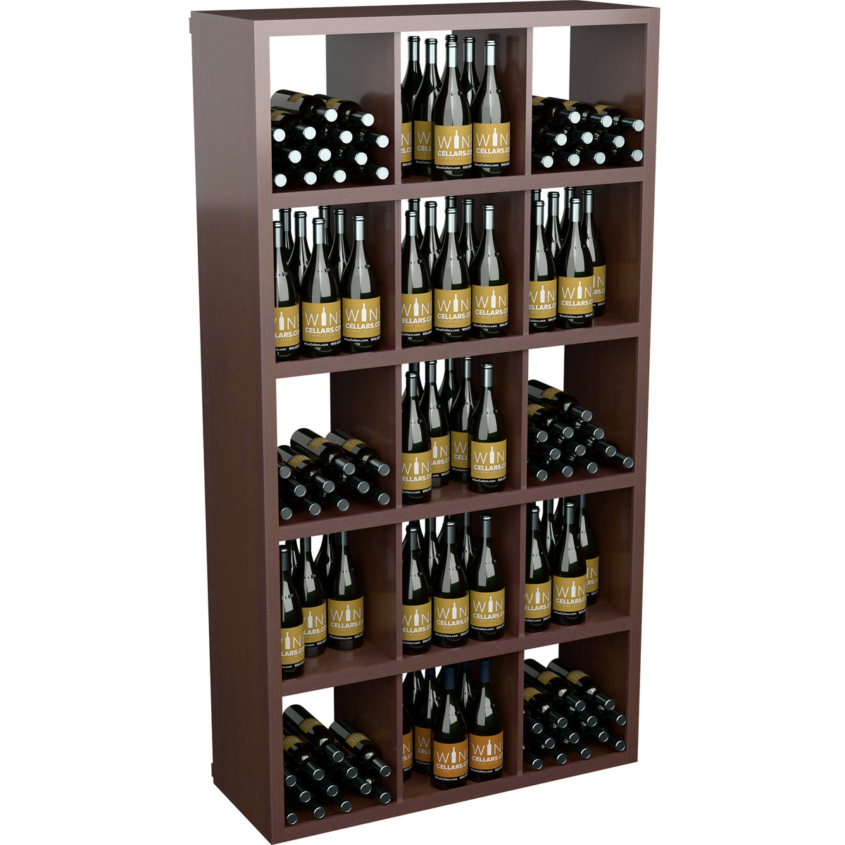 Dark wood wine bottle storage cabinet with open shelves for multiple bottles